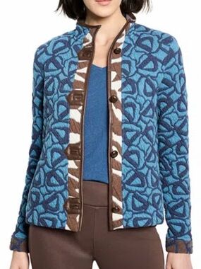 NIC+ZOE Blue Patterned Jacket with Brown Trim NWT